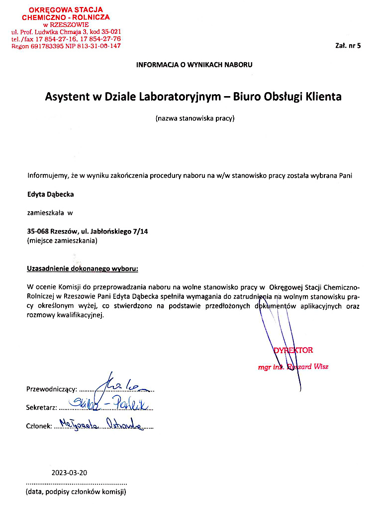 Informacja o wynikach naboru do pracy 2023.03.21